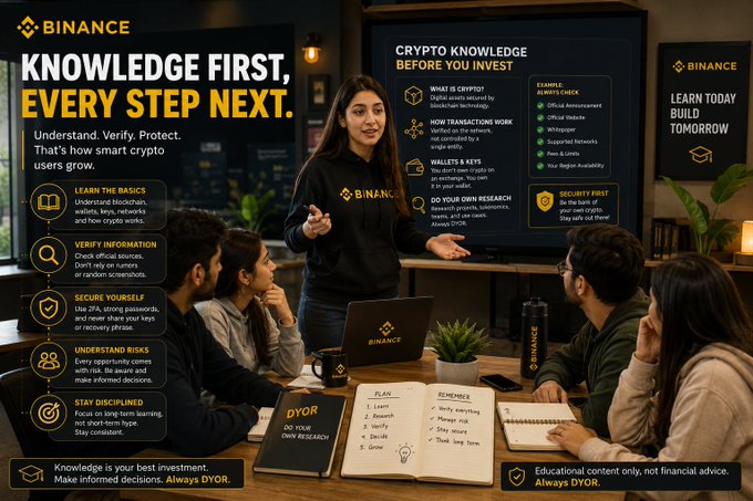 A Binance cryptocurrency educational advertisement titled 'KNOWLEDGE FIRST, EVERY STEP NEXT' showing a woman presenting a 'CRYPTO KNOWLEDGE BEFORE YOU INVEST' board to a group at a table with laptops, covering topics like wallet security, exchanges, and DYOR.