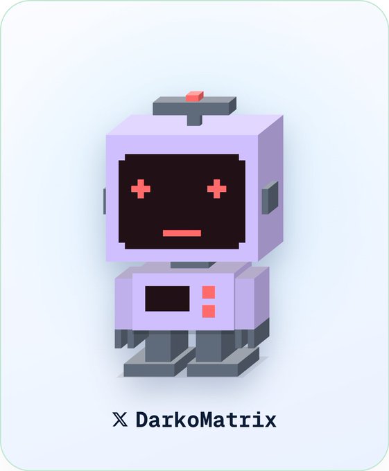 A 3D-rendered purple voxel-style robot character with the text "DarkoMatrix" displayed below it.
