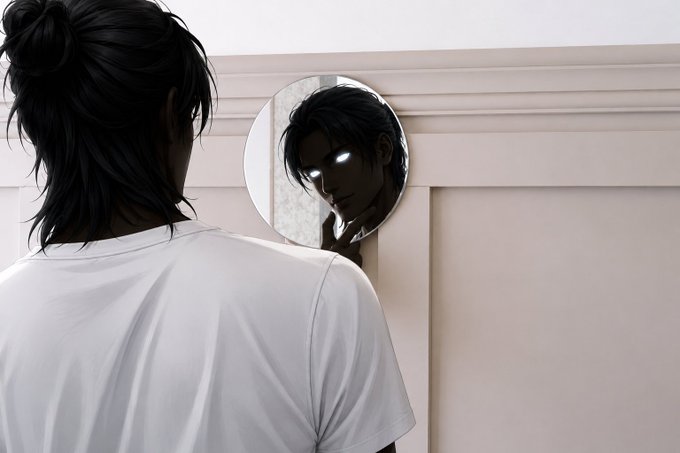 Digital artwork of a person with long dark hair tied back, viewed from behind in a white t-shirt, looking into a round mirror that reflects their face with glowing white eyes.