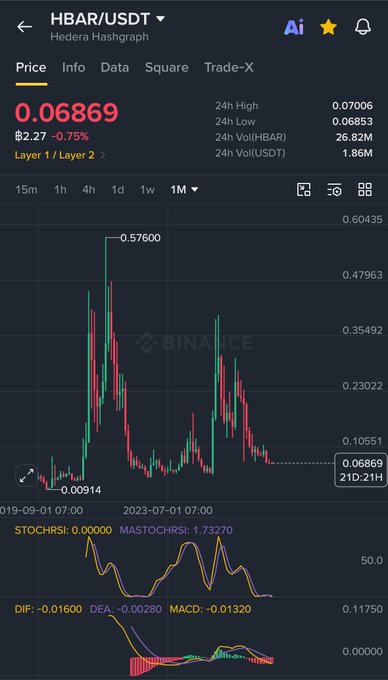 A Binance trading screenshot of HBAR/USDT (Hedera Hashgraph) showing a 1M chart with the price at 0.06869 USDT, down 0.75% over 24 hours. The image supports the buyer's post, displaying the token's recent price action including a peak at 0.57600 and current low levels around 0.00914, suggesting accumulation at a discount.