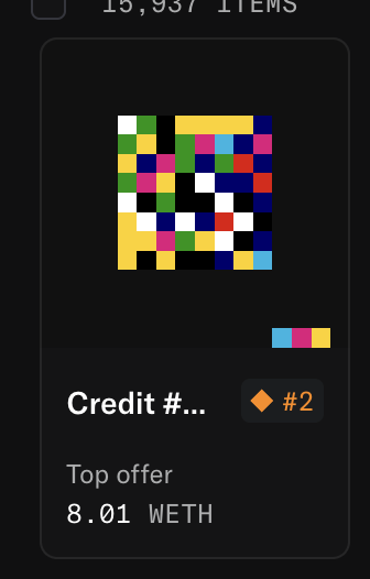 An NFT listing titled "Credit #..." showing a colorful pixelated grid art piece with a top offer of 8.01 WETH and marked with a #2 rarity tag. The post's clarification that this is a 1/1 unique piece suggests the seller is addressing confusion about why such a rare item is listed with an unusually low top offer.