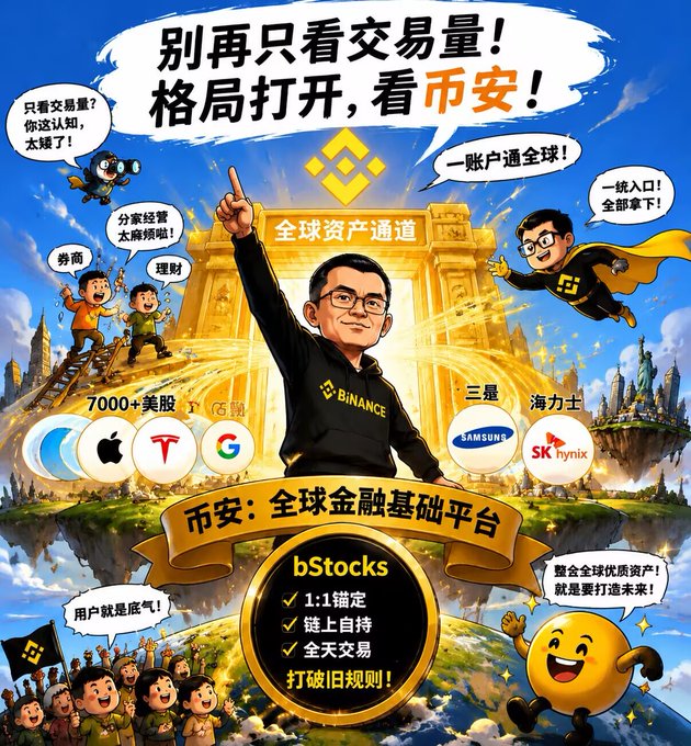 A promotional graphic for Binance (币安) with a central figure pointing upward, surrounded by Chinese text, the Binance logo, cartoon characters, and logos for companies like Apple, Tesla, Google, Samsung, and SK Hynix.