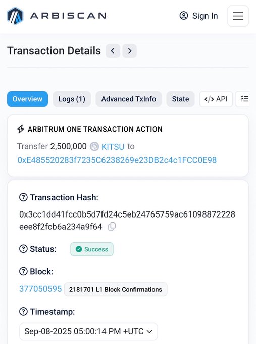 An Arbiscan transaction details page showing a successful transfer of 2,500,000 KITSU tokens on the Arbitrum One network, timestamped Sep-08-2025.