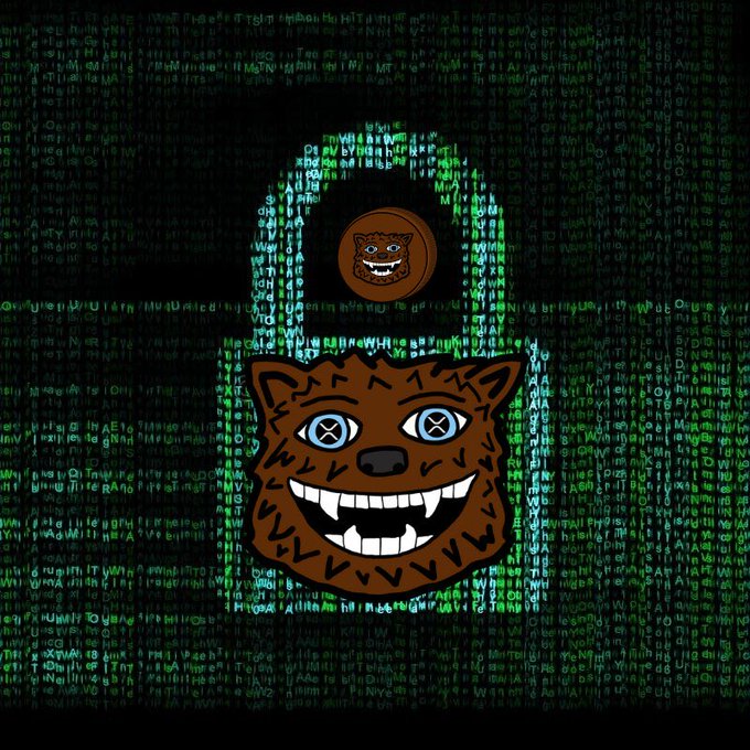 A graphic featuring cartoon wild dog or hyena heads overlaid on a green digital code matrix background with a padlock design.