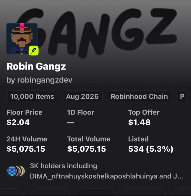 Another screenshot of the 'Robin Gangz' NFT collection listing on Robinhood Chain, identical to the first, showing a floor price of $2.04 and 24H volume of $5,075.15.