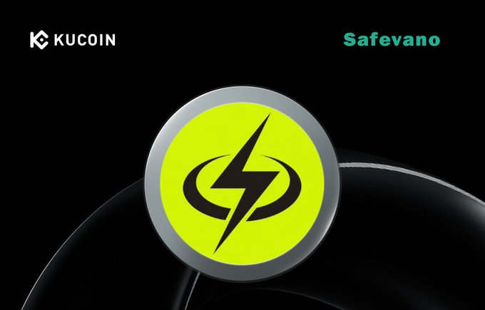 A bright yellow Safevano logo with a lightning bolt sits at the center, flanked by the KuCoin logo and "Safevano" text, visually announcing the partnership and the wallet's entry into the KuCoin ecosystem. The sleek black background emphasizes the branding tied to the announcement about Safevano Wallet advancing self-custody and Web3.