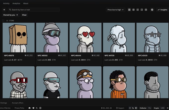A dark-themed NFT marketplace dashboard displaying 11 NFT items with cartoonish character avatars, showing prices in ETH and floor prices. The top row includes items like NPC #6876 (paper bag character) and NPC #8592 (beanie and goggles character), with search and filter options visible at the top.