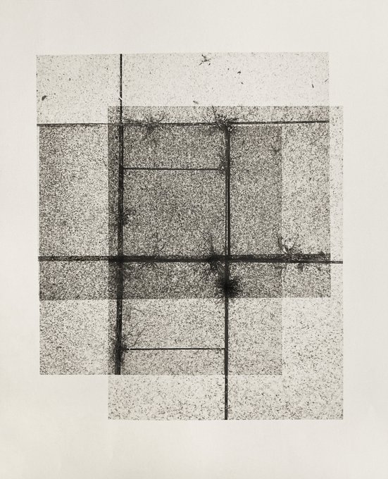 An abstract black and white artwork featuring textured, stippled rectangular shapes layered with straight intersecting lines.