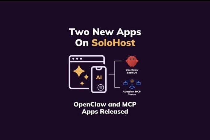 The image is a promotional graphic announcing "Two New Apps On SoloHost," featuring illustrations of a browser window with sparkles, a phone displaying "AI," and icons for "OpenClaw Local AI" and "Atlassian MCP Server," with the caption "OpenClaw and MCP Apps Released." The post suggests this release is part of Nicolas's effort to expand Pi Node infrastructure for broader Web3 functionality, with these new AI and MCP apps on SoloHost representing practical steps toward that more comprehensive vision.