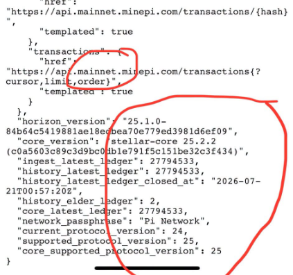 A JSON configuration snippet circled in red shows Pi Network mainnet endpoints alongside protocol version 25.1.0 and core_version "stellar-core 25.2.2", confirming the mainnet upgrade to v25 referenced in the post.