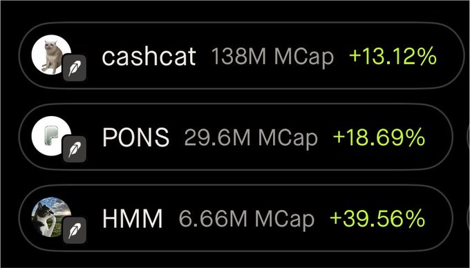 A cryptocurrency tracker displays three tokens: cashcat ($138M market cap, +13.12%), PONS ($29.6M, +18.69%), and HMM ($6.66M, +39.56%), visually supporting the post's comparison of HMM's small market cap to the dominant $cashcat while highlighting HMM's significant percentage gain.