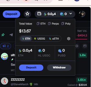 A crypto wallet interface showing a total value of $13.67 with assets including ETH, USDG, uETH, and HL USDC, with Deposit and Withdraw buttons visible.