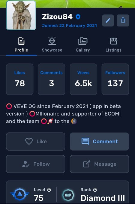A profile page for user 'Zizou84' who joined on 22 February 2021, showing 78 likes, 3 comments, 6.5k views, 137 followers, and identifying as a VEVE OG since February 2021 and ECOMI millionaire, with Level 75 and Diamond III rank.