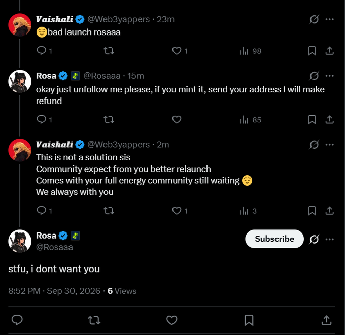 A Twitter/X thread shows an exchange between verified users Vaishali and Rosa, with Rosa responding 'stfu, i dont want you' to criticism about a bad launch.
