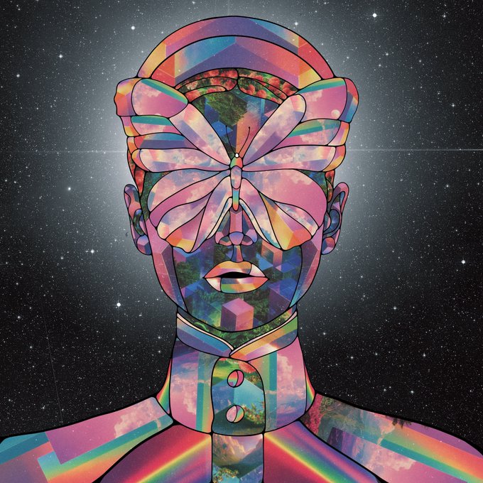 A vibrant, colorful digital art piece depicting a humanoid figure with a large butterfly covering its eyes, rendered in rainbow gradients against a cosmic starry background.