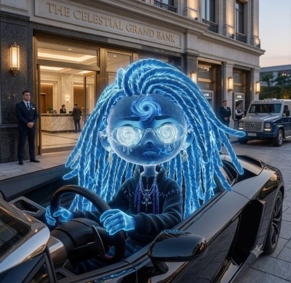 A digital artwork depicting a holographic blue figure with dreadlocks and spiral glasses driving a luxury car, with a building labeled 'THE CELESTIAL GRAND BANK' in the background.