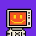 A small pixel art character with a smiling orange face inside a white microwave-like structure on a purple background.