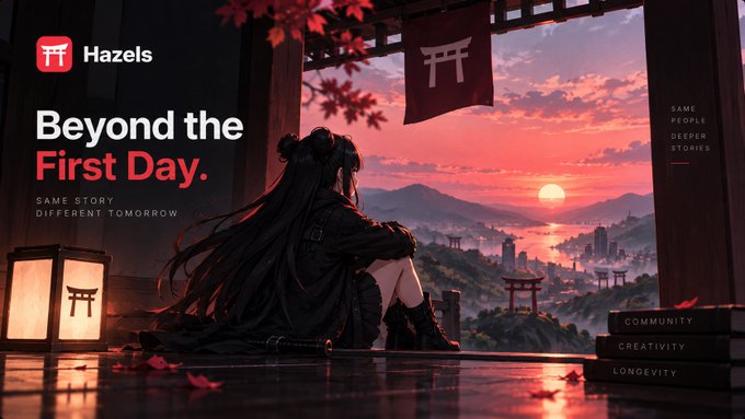 A promotional banner for 'Hazels' displays the text 'Beyond the First Day' and 'Same Story Different Tomorrow,' featuring an anime-style character with long black hair sitting on a wooden porch overlooking a sunset cityscape with a torii gate.