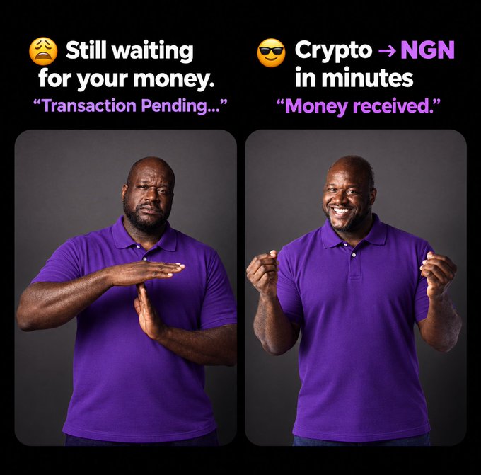 A meme using two photos of Shaquille O'Neal in a purple shirt — left showing him looking impatient with text 'Still waiting for your money. Transaction Pending...' and right showing him excited with text 'Crypto → NGN in minutes Money received.'