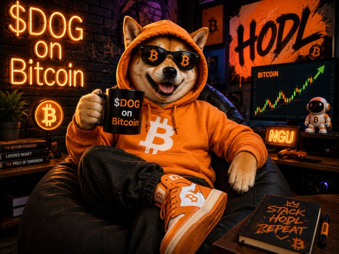 An anthropomorphic Shiba Inu dog wearing an orange Bitcoin-themed hoodie and sunglasses holds a '$DOG on Bitcoin' mug, surrounded by crypto-related decor including a 'HODL' poster and stock charts.