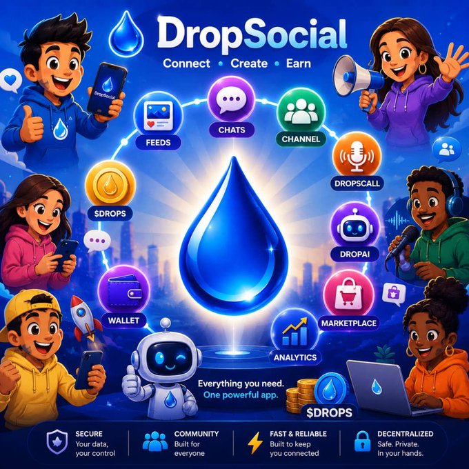 A vibrant promotional graphic for 'DropSocial' features the tagline 'Connect • Create • Earn' and showcases cartoon characters surrounding various feature icons including FEEDS, CHATS, CHANNEL, DROPSCALL, DROPAI, MARKETPLACE, ANALYTICS, WALLET, and $DROPS.