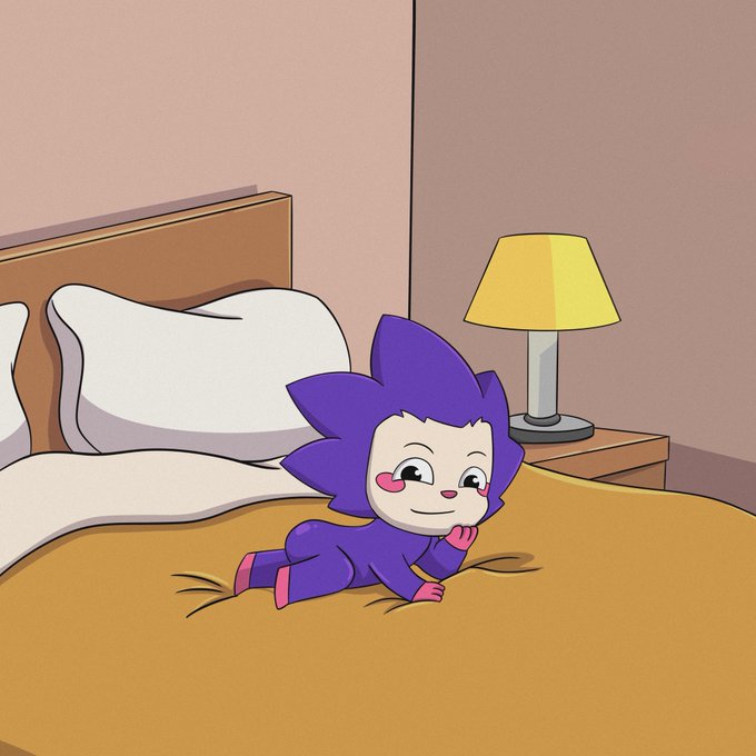 A cute purple cartoon character with spiky fur lies on a bed, smirking with rosy cheeks, while a bedside lamp glows softly in the background—the cheeky "go touch ass" caption matches the character's playful, mischievous expression as it lounges in bed on the weekend.