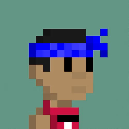 A pixelated, low-resolution portrait of a Bored Ape character with a blue and black hat, sunglasses, and red shirt against a teal background.