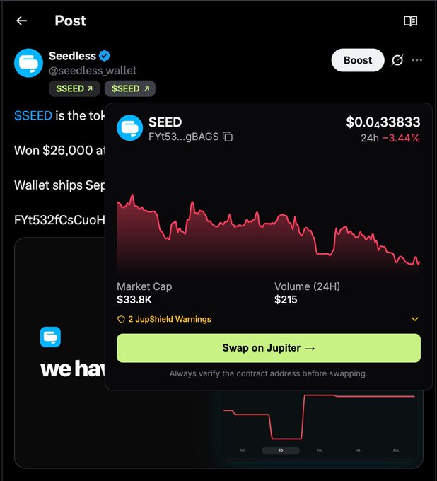 A screenshot of a social media post from 'Seedless' (@seedless.wallet) showing a cryptocurrency token chart for $SEED priced at $0.0433833, down 3.44% in 24 hours, with market cap of $33.8K.