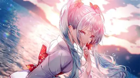An anime-style illustration of a girl with light blue hair wearing a white outfit with a red bow, set against a sunset sky.