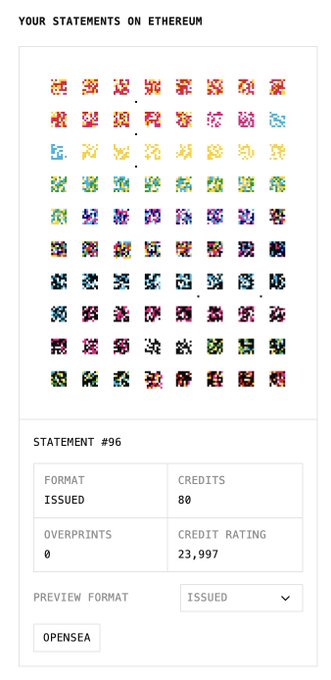 A webpage displaying a grid of colorful pixel art characters titled 'YOUR STATEMENTS ON ETHEREUM' with details for 'STATEMENT #96' including an 'ISSUED' format and an 'OPENSEA' link.