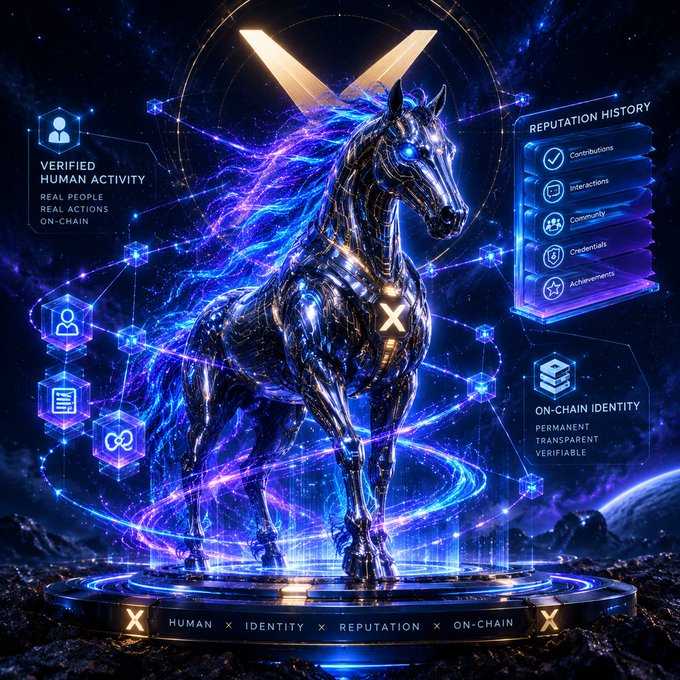 A futuristic digital art piece featuring a glowing blue robotic horse with an 'X' symbol on its chest, surrounded by HUD elements displaying 'VERIFIED HUMAN ACTIVITY', 'REPUTATION HISTORY', and 'ON-CHAIN IDENTITY', with the tagline 'HUMAN x IDENTITY x REPUTATION x ON-CHAIN'.