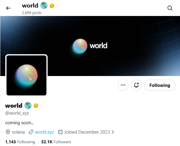 The image shows the Twitter/X profile of **world** (@world_xyz), featuring a glossy orb logo on a black background, with 2,699 posts, 1,143 following, and 32.1K followers, labeled "coming soon..." and linked to world.xyz via Solana. The profile appears to be the target of the user's inquiry, though the page offers no description of what the World project is actually building.