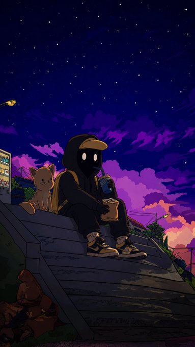An illustrated scene showing a hooded figure with glowing white eyes sitting on a rooftop at dusk, holding a drink, with a small orange cat beside them under a starry purple sky.