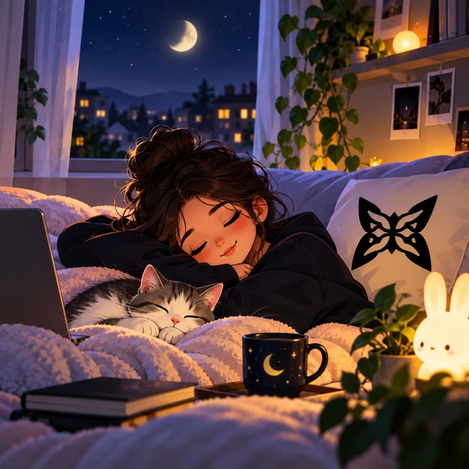 An illustrated cozy nighttime scene of a girl with long dark hair sleeping on a couch next to a cat, with a laptop, moon-themed mug, and city lights visible through the window.