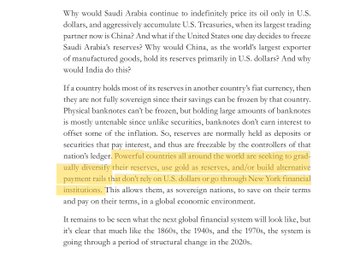 A passage of text discussing Saudi Arabia's currency and economic dynamics, with one sentence highlighted: 'Powerful countries all around the world are seeking to gradually diversify their reserves, use gold as reserves, and/or build alternative payment rails that don't rely on U.S. dollars or go through New York financial institutions.'