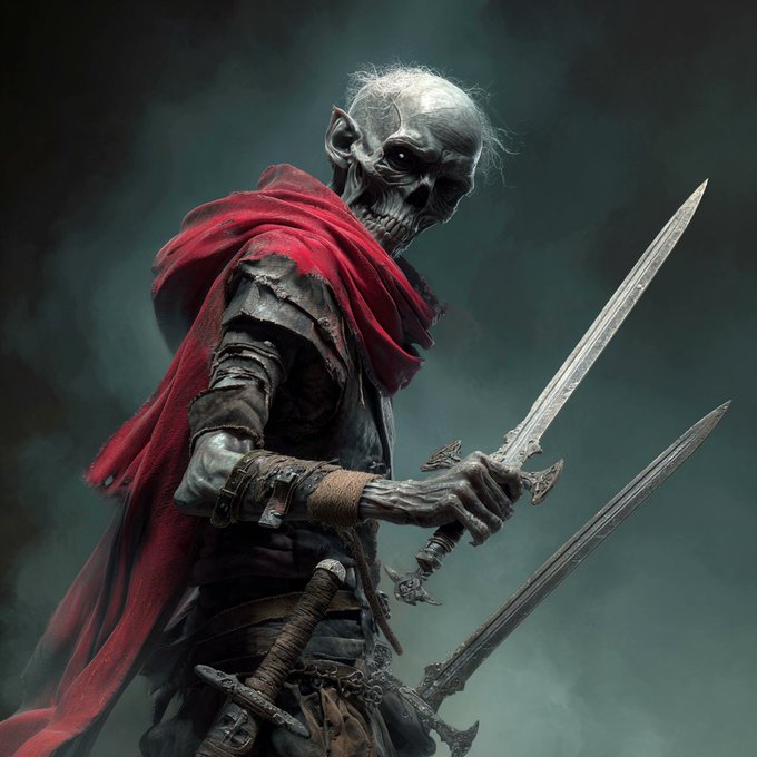 A menacing undead warrior with a skeletal face and piercing dark eyes wields two swords while draped in a tattered red cloak, standing against a smoky green backdrop. The grim fantasy figure visually contrasts the post's upbeat "famitree" sentiment and $MfT ticker, suggesting a tongue-in-cheek or ironic meme where the dark, fearsome character humorously represents the "whole fam."