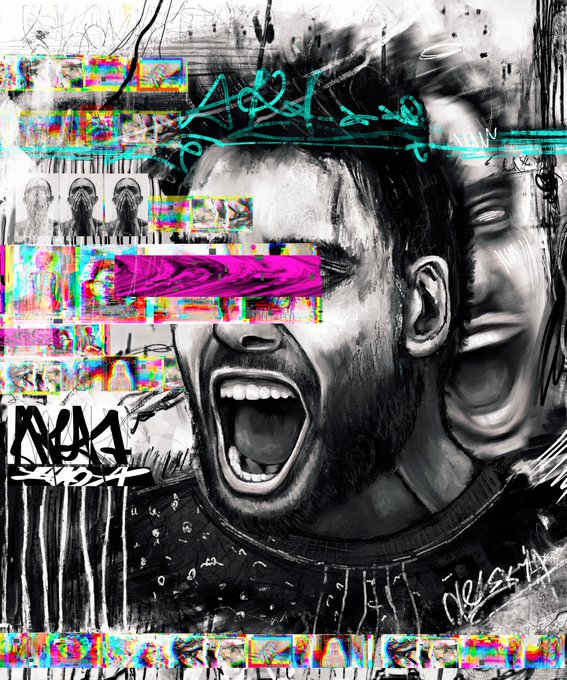 A black and white glitch-art style illustration of a screaming face with colorful digital distortion, graffiti tags, and rainbow glitch effects across the eyes.