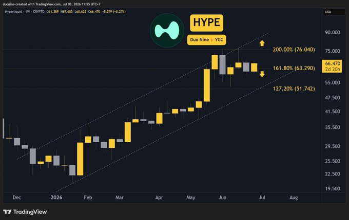 A TradingView chart of the Hyperliquid (HYPE) cryptocurrency showing a weekly price increase of +8.27% to $66.470, displayed on a weekly timeframe from December to August, with Fibonacci extension levels marked at 127.20%, 161.80%, and 200.00%, and a duoMine logo visible.
