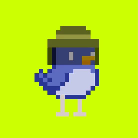 A pixel art illustration of a blue bird wearing an olive-green hat, standing on a bright lime-green background.