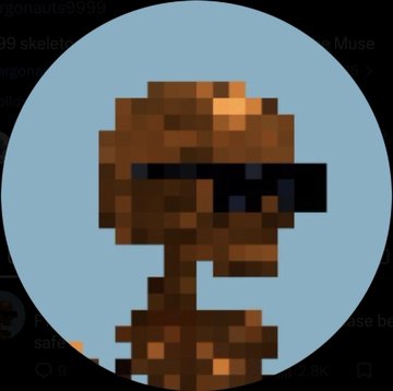 A pixelated bronze-colored skeleton figure wearing sunglasses is displayed in a circular profile picture, matching the post's reference to "Bronze boi" by user @argonauts9999, who confirms the artwork was coded by Talos.