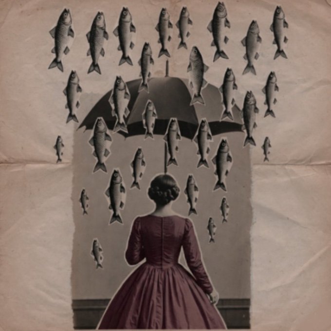 The image features a woman dressed in a long dress standing under an umbrella with fish falling from it, creating an artistic and surreal composition. The focus of the image is on the fish, emphasizing their presence against the background elements like buildings, suggesting that they play a significant role or theme within the visual narrative. The artist's choice of using fish to represent the falling rain and the umbrella can be seen as a creative way of incorporating elements from nature into an urban setting, creating a visually intriguing and thought-provoking piece of art.
