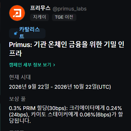 A dark-mode Twitter/X post in Korean from '프리무스' (@primus_labs) about 'Primus: 기간 운체인 금용을 위한 기밀 인프라', listing details including current period (2026년 9월 22일 - 2026년 10월 22일 UTC) and reward pool allocation of 0.3% PRIM.