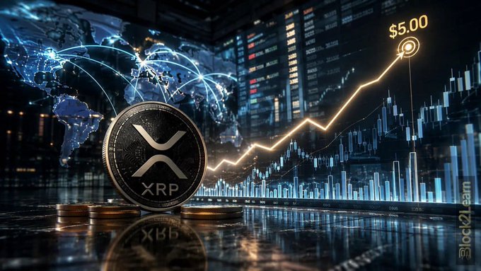 A digital graphic displays a physical XRP cryptocurrency coin in the foreground, set against a backdrop of stock market charts, a glowing world map, and an upward-trending line graph pointing toward '$5.00'.