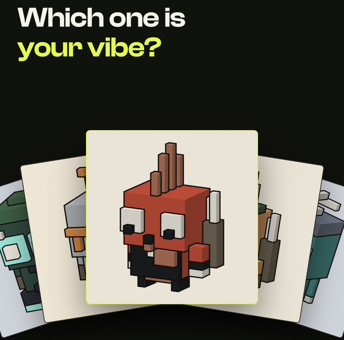 An advertisement or graphic shows three pixel-art style cube characters, with the text 'Which one is your vibe?' at the top, highlighting a red cube character in the center.