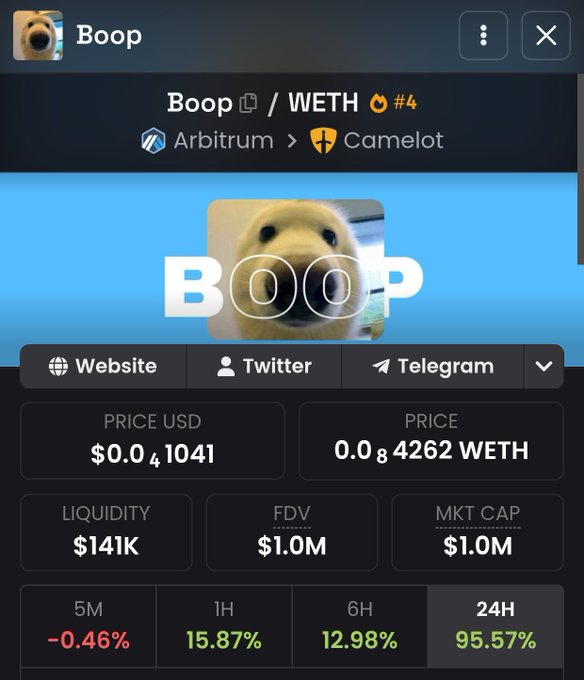 Cryptocurrency listing for "Boop" on Arbitrum via Camelot, showing a price of $0.041041 USD / 0.084262 WETH, with liquidity $141K, FDV $1.0M, market cap $1.0M, and 95.57% gain over 24H.