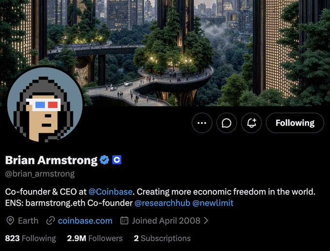 The image shows the Twitter profile of Brian Armstrong (@brian_armstrong), Co-founder & CEO of Coinbase, who has 2.9M followers and uses a pixelated 3D Punk avatar wearing red/blue 3D glasses, which matches the post's reference to Coinbase's CEO rocking a "sick Hoodie 3D Punk" profile picture.