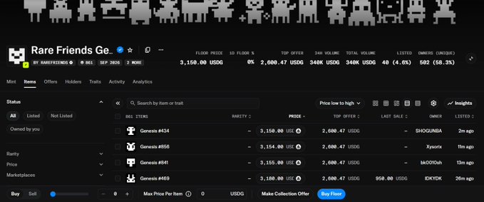 A screenshot of the Rare Friends Ge. NFT collection marketplace showing listings for Genesis items at 3,150.00 USDC floor price, with verified tickers displayed on a dark theme interface.