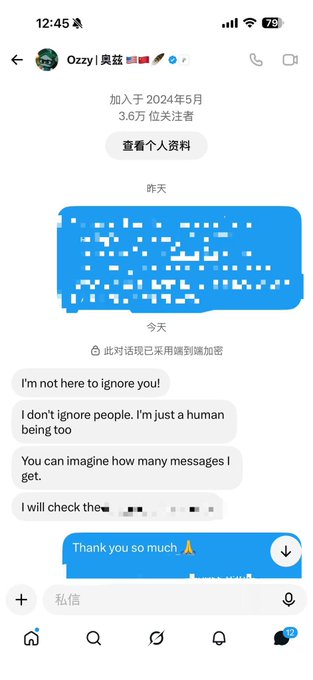 A screenshot of an Instagram direct message conversation with user 'Ozzy' showing messages about not ignoring people and checking messages, with some text obscured by blue redaction blocks.