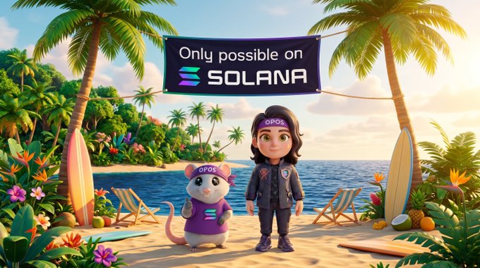 Tropical beach scene with Solana banner reading 'Only possible on SOLANA', featuring cartoon characters wearing 'OPOS' branded clothing.