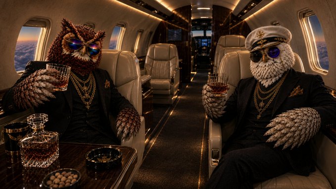 Two anthropomorphic owl characters in suits, sunglasses, and gold chains enjoy whiskey inside a luxury private jet cabin.